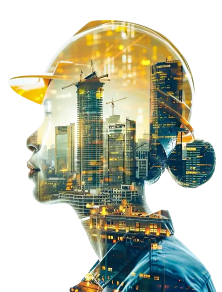 Double Exposure Construction Worker Wearing Safety Helmet Overlayed image City Skyline